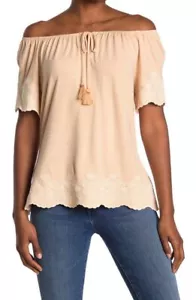 Adrianna Papell Medium Top Tan Off Shoulder Tie Tassels Lace Embroidery Boho NWT - Picture 1 of 9