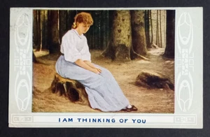 Woman Sitting on Tree Stump in Woods Postcard c1910s I Am Thinking of You - Picture 1 of 2