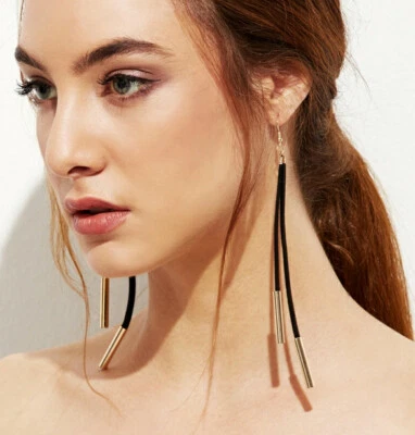 NUEVO Pendientes Chapados en Oro Negro Gamuza Para Mujer Cordón Gota Boho Moda Hippie Foto 1 de 4