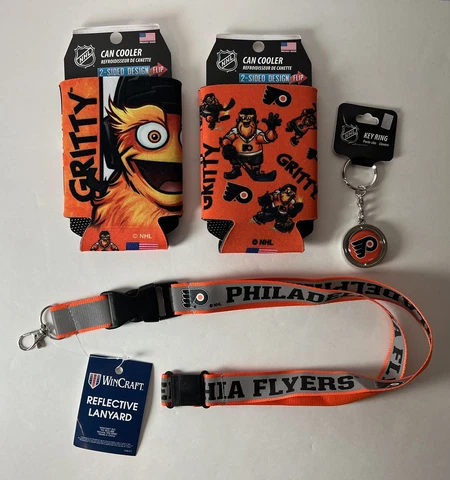 Philadelphia Flyers Gritty NHL Hockey Lot of 4 Lanyard, Key Ring, Can Coozie NEW Cover