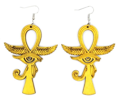 TB Egyptian Colorful eye of Horus Ankh Cross Symbol of Protection Wood Earrings - Image 1 of 4