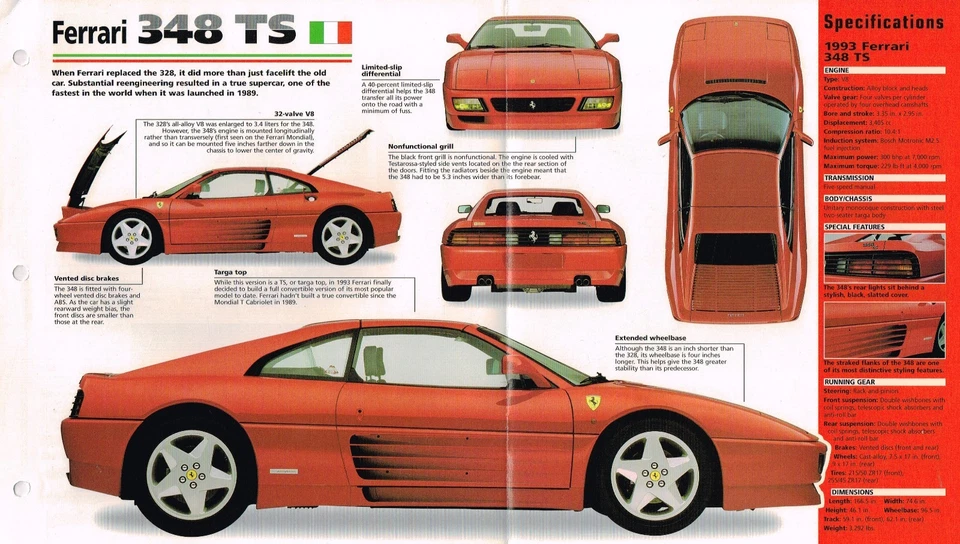 FERRARI 348 TS / 348TS 规格表 / 手册 / 目录:1991,1992,1993,1994 — 第 1/2 张图片