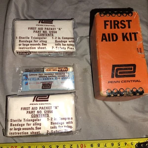 Vintage Penn Central Railroad First Aid Kit MSA 3 Sealed Packet w/ original box - Picture 1 of 6