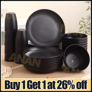 Black Dinnerware Bowl Plates PP Round Dinner Set Tableware 32PCS/SET Home Party - Picture 1 of 19