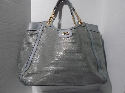 SALVATORE FERRAGAMO BETULLA STRAW XL TOTE DUSTY DENIM BLUE MADE IN ITALY - Image 1 of 4