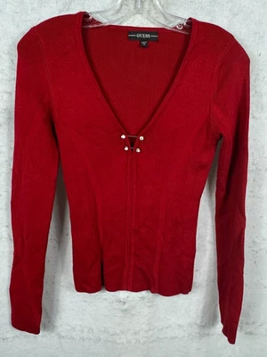 Guess Womens Red Irina Rib Sweater Deep V Rhinestone Bar Closure L/S 62136 Small - Image 1 of 4