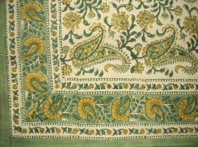 Block Print Rajasthan Paisley Cotton Tablecloth 90" x 60" Green - Image 1 of 2