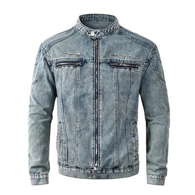 Chaqueta de mezclilla de lujo para hombre lavada moda informal moda bolsillos con cremallera abrigo de jean retro Foto 1 de 4