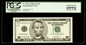 2003 A $5 Dollar True Binary Fancy Serial # FE01101101B PCGS 69 PPQ FR 1991-E - Picture 1 of 2