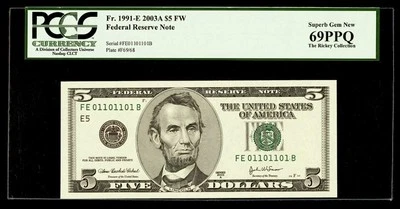 TRUE BINARY SERIAL # FE01101101B PCGS 69 PPQ FR 1991-E 2003 A $5 Dollar TOP POP - Image 1 of 2