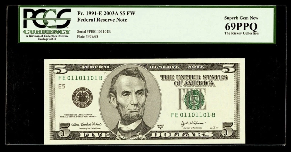 TRUE BINARY SERIAL # FE01101101B PCGS 69 PPQ FR 1991-E 2003 A $5 Dollar TOP POP - Image 1 of 2