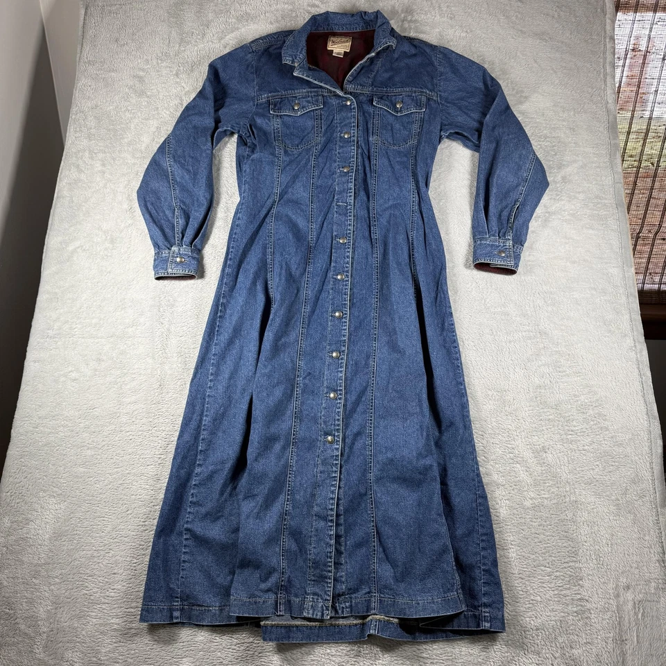 Винтажный шерсти платье женщин большой синий джинсовой ткани Snap спереди макси Western рубашка 90-х - Изображение 1 из 4