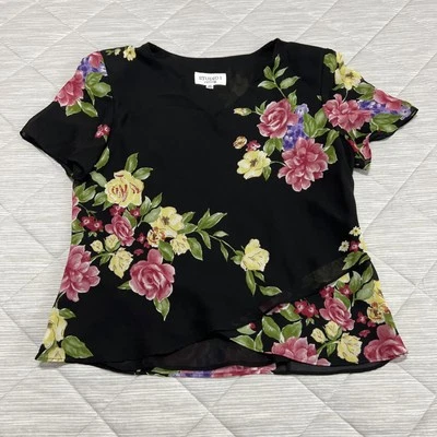 Blusa camisa top Studio 1 para mujer P12 Petite 12 negra floral en capas cuello en V Foto 1 de 4