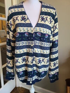 Northern Reflections Vintage Cardigan Sweater V-neck Flowers Blue & White Large - Picture 1 of 11