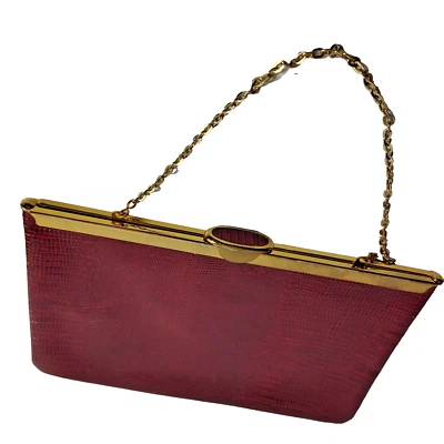 VTG Etra Burgundy Lizard Embossed Leather Clutch Purse w/ Chain Strap, Gold Trim - Image 1 of 4