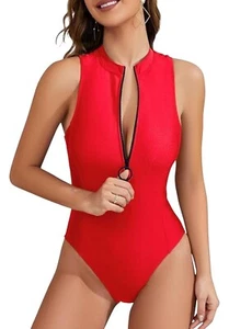 Charmo Womens Red Zip-Front One-Piece Swimsuit Size S UPF 50+ High Neck - Picture 1 of 11