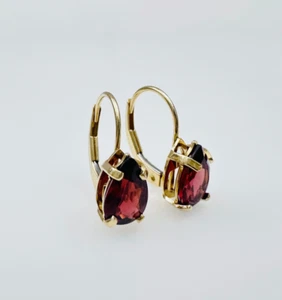 Estate Solid 14K Yellow Gold Pear-cut Teardrop Garnet Leverback Earrings, 1.4g - Picture 1 of 19