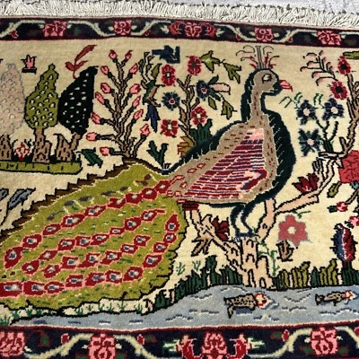 亚洲地毯手工编织孔雀花树丝绸羊毛古董 23x31 — 第 1/4 张图片