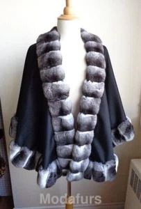 Mantón con capa envolvente 100 % cachemir y piel de chinchilla para mujer totalmente nuevo BODA 27" - Imagen 1 de 4