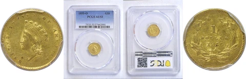 1855-O $1 Gold Coin PCGS AU-53 Cover