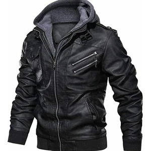 Men's Black Removable Hooded Real Leather Winter Motorcycle Jacket - Picture 1 of 10