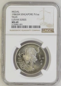 1986 Singapore Lunar Series Tiger 1 Oz Platinum NGC MS 69 Top Pop - Picture 1 of 2