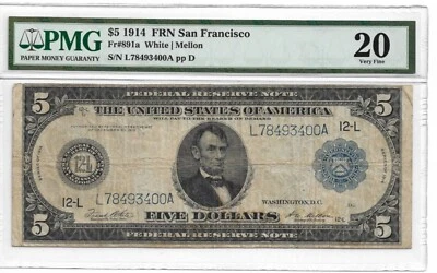 1914 $5 Federal Reserve Note San Francisco : PMG 20 - Image 1 of 2