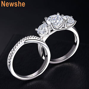 Newshe Three Stone Engagement Wedding Ring Set Bridal Set CZ Sterling Silver Sz9