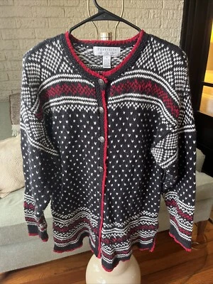 Portraits By Northern Isles Cardigan Sweater Black Red Tribal Print Boho Medium - Image 1 of 4