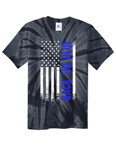 Back the Blue American Flag Youth Tie Dye T-Shirt Blue Line Police - Picture 1 of 3