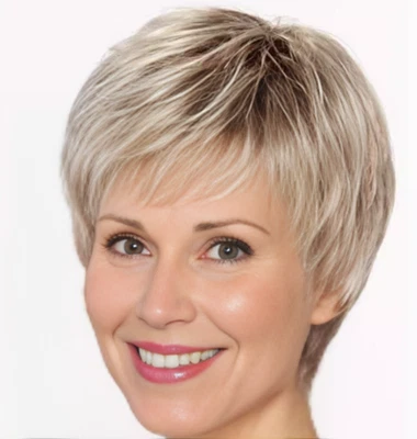 Peluca de cabello sintético mezcla rubio ceniza corte pixie capas cortas mujeres suave natural Foto 1 de 4