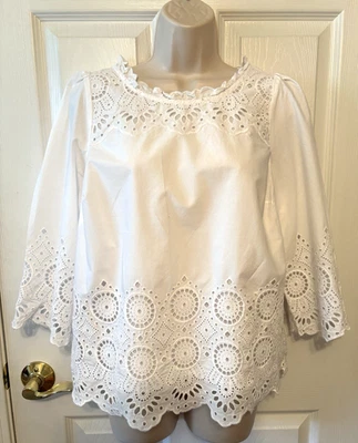 TALBOTS Women's Blouse White Eyelet Lace Size MP 3/4 Sleeve Lined Top - Image 1 of 4