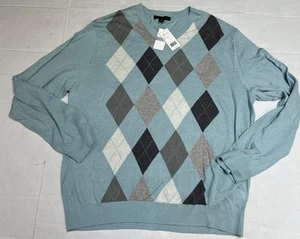 BANANA REPUBLIC Argyle Sweater Mens XL Blue Gray V Neck Silk Linen Long Sleeve - Picture 1 of 11