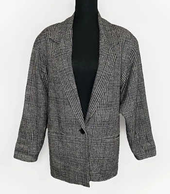 Blazer cinza xadrez vintage Adolfo International feminino 100% seda tamanho grande Glen pequeno - Imagem 1 de 4