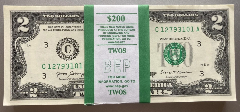 PACK OF 100 NEW 2017A Sequential, Uncirculated, Unsearched $2.00 notes w/BEP. - Image 1 of 1