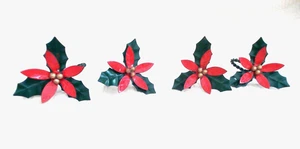 Set Of 4 Metal Poinsettia Red Flower Napkion Rings 3"Diam 2.25" Ring Gold Buds - Picture 1 of 2