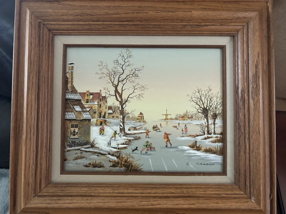 C Carson Winter Ice Skating Painting Vintage Landscape Art Signed / Certified - Image 1 of 4