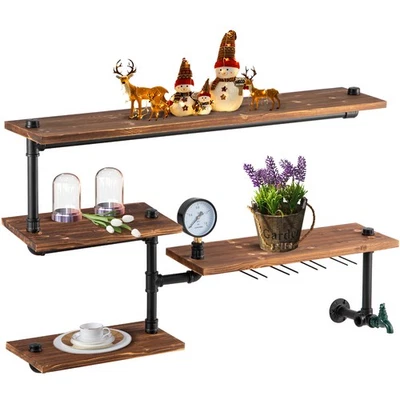 Uimoso Pipe Shelves Industrial Iron Pipe Wall Mounted w/ 4-Tier Wood Planks - Image 1 of 4