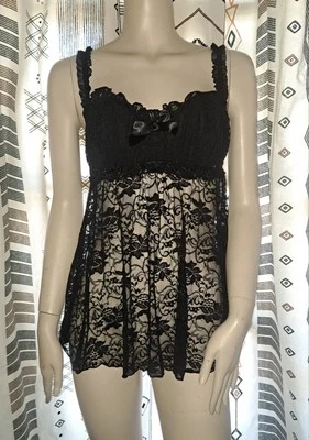 Babydoll Frederick's Of Hollywood Mediano Transparente Negro Encaje Lentejuelas Forradas Tazas Foto 1 de 4