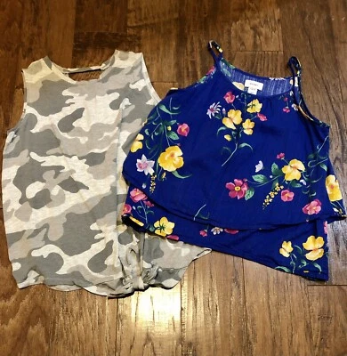 Antiguo Azul Marino Niñas Talla 10-12 L Lote de 2 Prendas para el torso Camufladas Camiseta sin mangas Azul Estampado Floral Cami Foto 1 de 4
