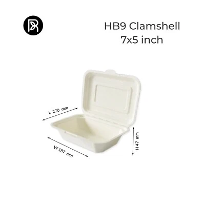 7x5" HB9 Bagasse Clamshell Box Biodegradable Takeaway Compostable Food Container - Image 1 of 4