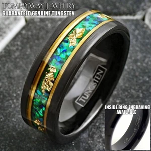 Personalized Engraved Black Tungsten Ring Green Opal 24K Gold Leaf Wedding Band - Picture 1 of 10