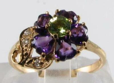 9K GOLD PERIDOT AMETHYST HEART DIAMOND CLUSTER DAISY SUFFRAGETTE RING SIZE O - Image 1 of 4