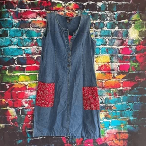 Vintage Linen Cotton Blend Denim Bandana Print Pocket Dress Size Large - Bild 1 von 8