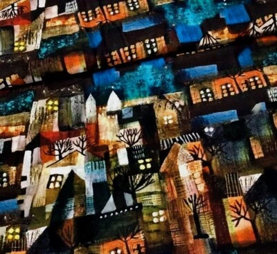 MARKENLOS Stoff Meterware Baumwollstoff Patchwork Häuser Abstrakt Nacht Stadt Haus Malerei