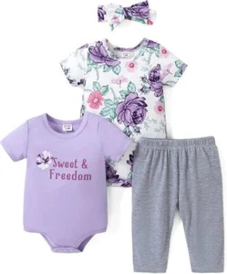 PATPAT Baby Girl's 4 Piece Infant Short Sleeve Romper Pants & Headband 3-6 New - Picture 1 of 10