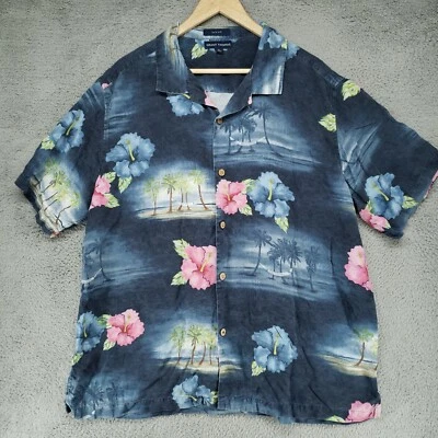 Camisa Hawaiana Grant Thomas Para Hombre XL Azul Tropical Floral Seda Manga Corta Foto 1 de 4