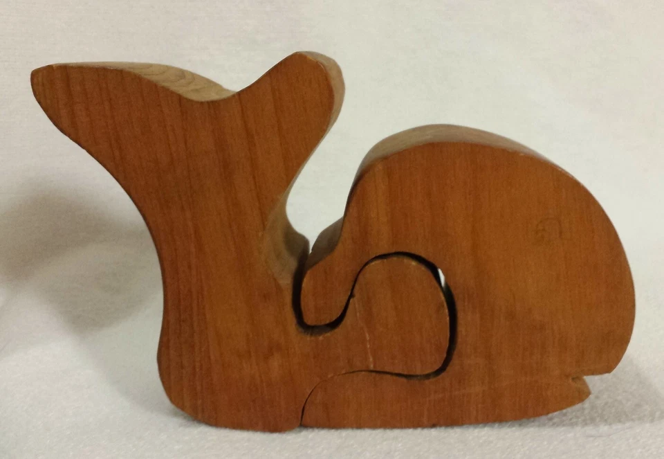 Hand-crafted Wooden Whale Interlocking 3D Puzzle Two-Piece Natural Wood Color - Image 1 of 4