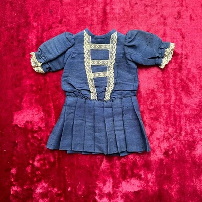 Robe Ancienne Bleue Marin Dentelle Pour Poupée Tête Biscuit - Photo 1/4