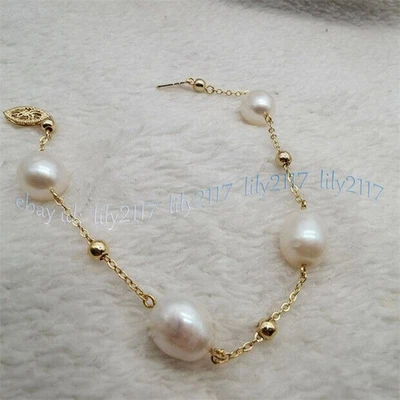 Real Natural White Freshwater Pearl Gold Chain Bracelet 7.5-8'' 14k Clasp 6-11mm - Image 1 of 4